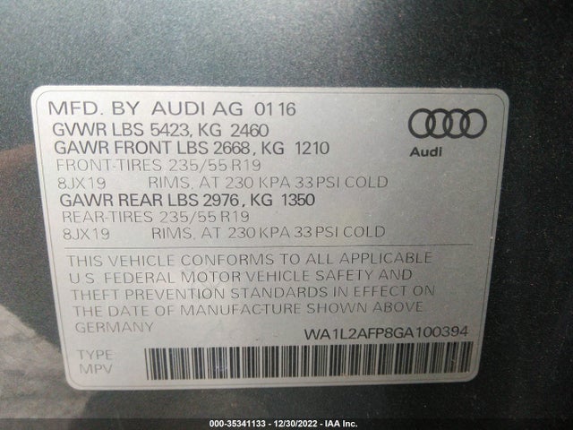 2016 AUDI Q5 PREMIUM PLUS VIN: WA1L2AFP8GA100394