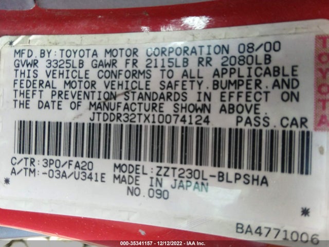 2001 TOYOTA CELICA GT VIN: JTDDR32TX10074124