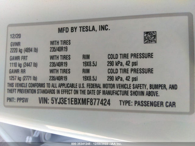 Tesla Model 3 Long Range 2021 5YJ3E1EBXMF877424 Image 9