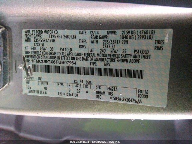 2015 Ford Escape, VIN: 1FMCU9GX6FUB07964
