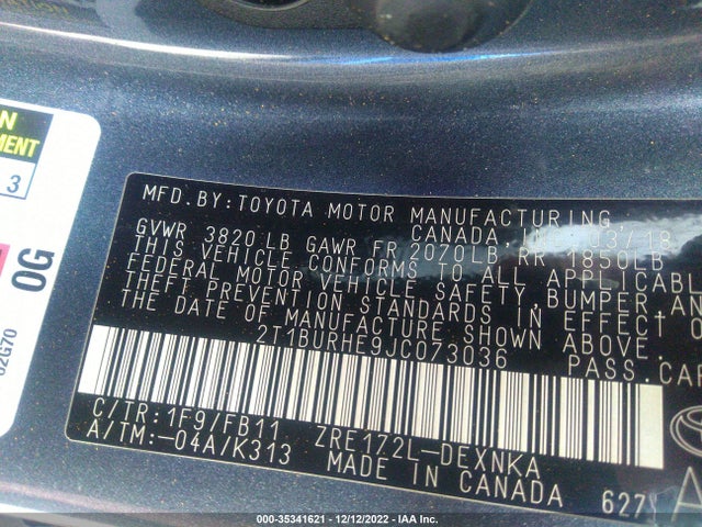 2018 TOYOTA COROLLA L/LE/XLE/SE/XSE VIN: 2T1BURHE9JC073036