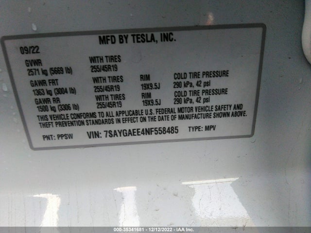 Tesla Model Y Long Range 2022 7SAYGAEE4NF558485 Image 10