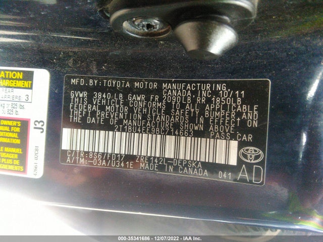 2011 TOYOTA COROLLA L/LE/S VIN: 2T1BU4EE9BC714663