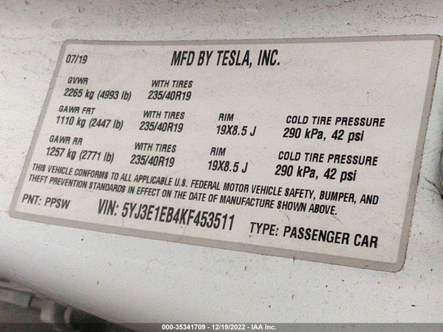 Tesla Model 3 Long Range/performance 2019 5YJ3E1EB4KF453511 Image 10