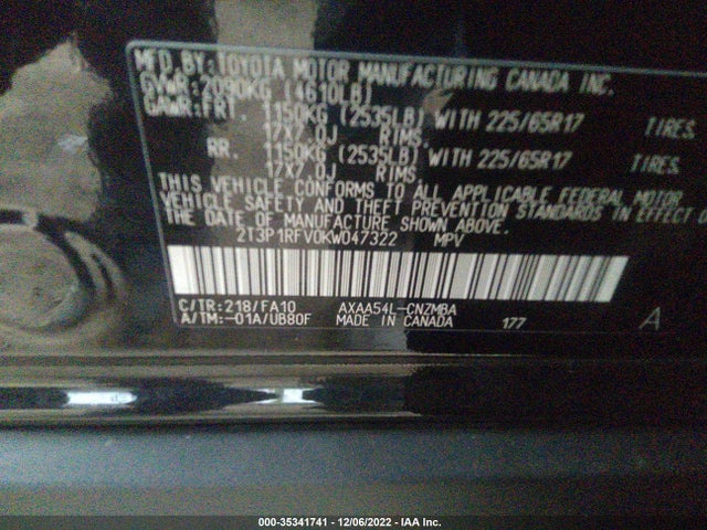 2019 TOYOTA RAV4 XLE VIN: 2T3P1RFV0KW047322