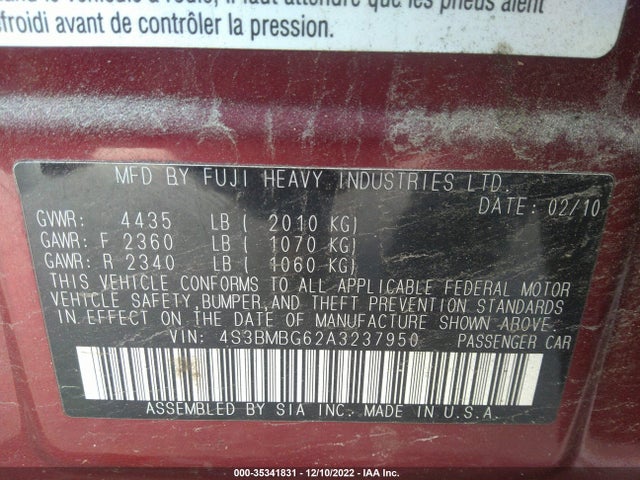 2010 SUBARU LEGACY PREM ALL-WTHR/MOON VIN: 4S3BMBG62A3237950