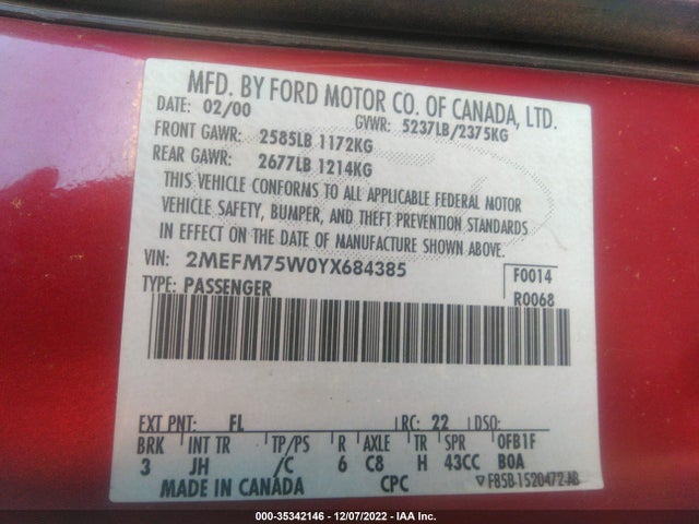 2000 MERCURY GRAND MARQUIS LS VIN: 2MEFM75W0YX684385