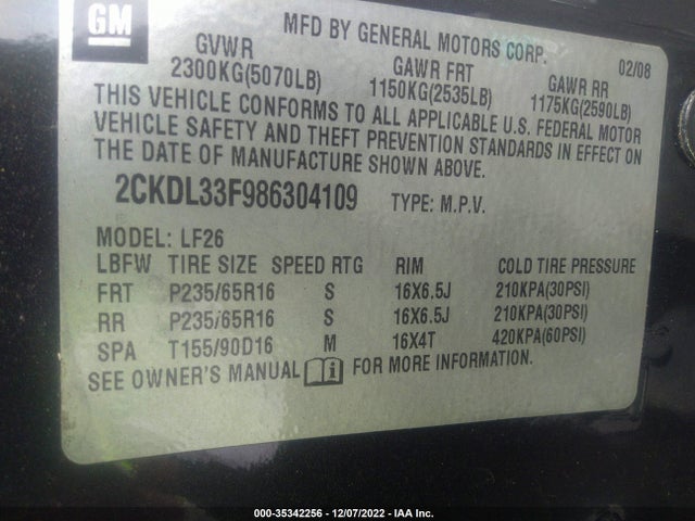 2008 PONTIAC TORRENT VIN: 2CKDL33F986304109