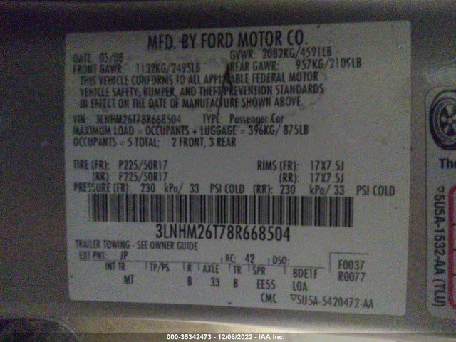 Lincoln MKZ 2008 3LNHM26T78R668504 Image 10
