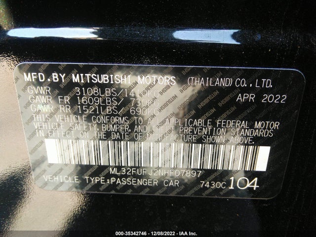2022 MITSUBISHI MIRAGE G4 ES/LE/BLACK EDITION VIN: ML32FUFJ2NHF07897