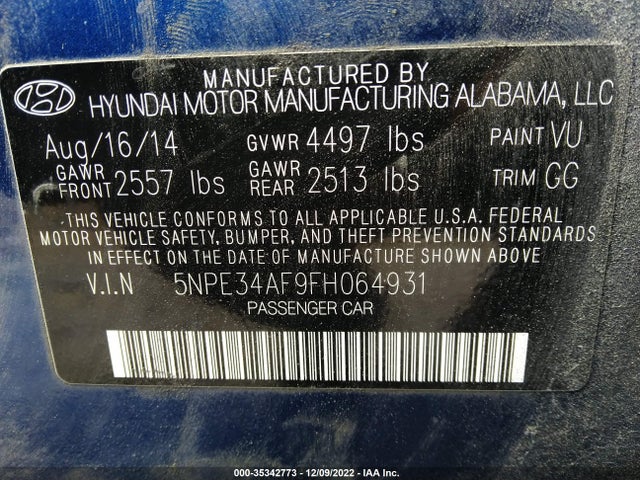 2015 HYUNDAI SONATA 2.4L SPORT VIN: 5NPE34AF9FH064931