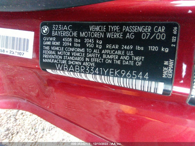 BMW 3 Series 323ci 2000 WBABR3341YEK96544 Image 9