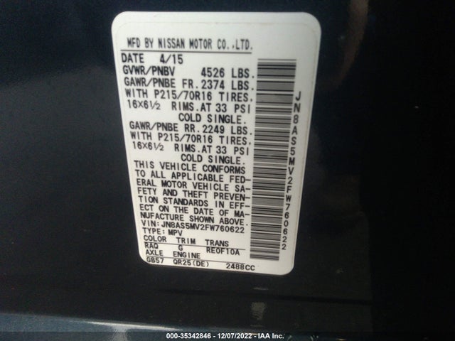 2015 NISSAN ROGUE SELECT S VIN: JN8AS5MV2FW760622
