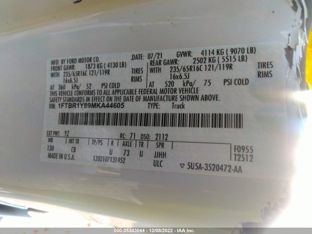 2021 Ford Transit, VIN: 1FTBR1Y89MKA44605