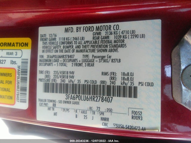2017 FORD FUSION HYBRID SE VIN: 3FA6P0LU6HR278407