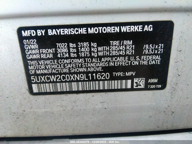 2022 BMW X7, VIN: 5UXCW2C0XN9L11620