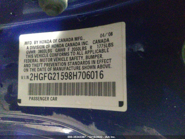 2008 HONDA CIVIC CPE SI VIN: 2HGFG21598H706016