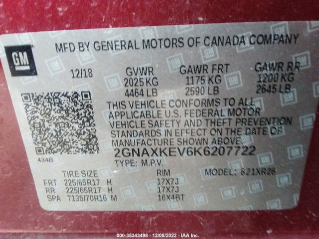 2019 Chevrolet Equinox, VIN: 2GNAXKEV6K6207722