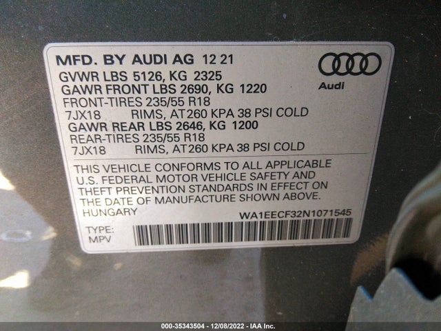 2022 Audi Q3, VIN: WA1EECF32N1071545