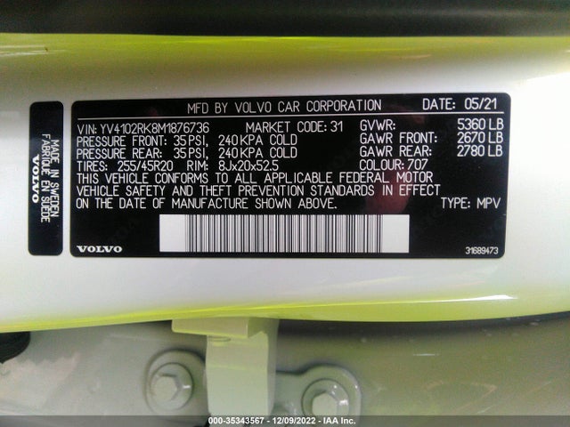 2021 Volvo XC60, VIN: YV4102RK8M1876736