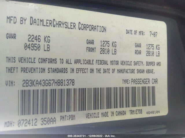 2007 DODGE CHARGER VIN: 2B3KA43G67H881378