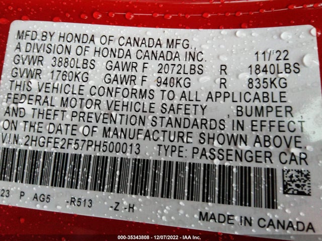 2023 HONDA CIVIC SEDAN SPORT VIN: 2HGFE2F57PH500013