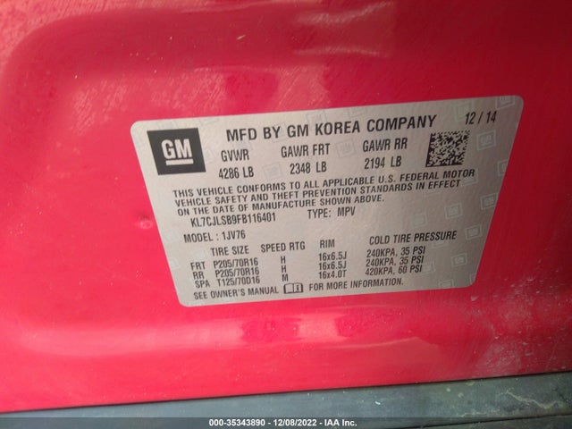2015 Chevrolet Trax, VIN: KL7CJLSB9FB116401