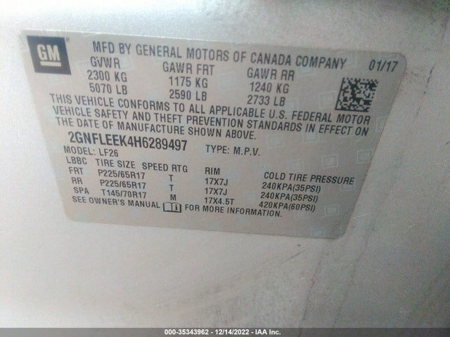 Auction sale of the 2017 Chevrolet Equinox Ls, vin: 2GNFLEEK4H6289497, lot number: 35343962