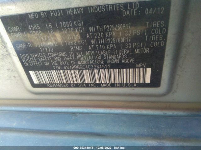 4S4BRBGC4C3284922 Subaru Outback 2.5i Prem
