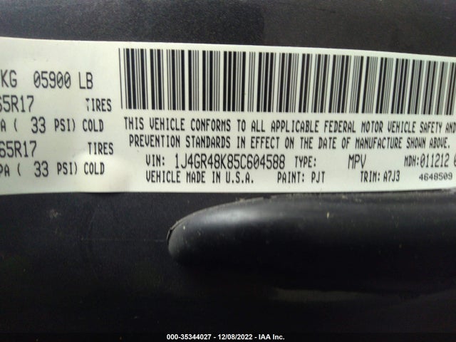 2005 JEEP GRAND CHEROKEE LAREDO VIN: 1J4GR48K85C604588