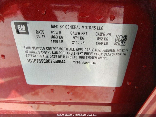2012 CHEVROLET CRUZE LT W/1LT VIN: 1G1PF5SC8C7350644
