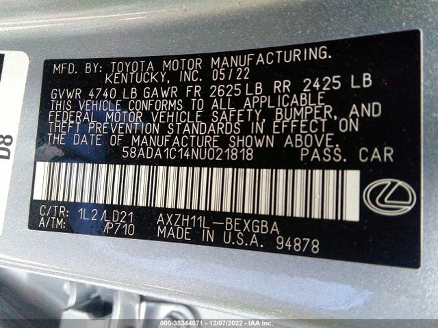 2022 Lexus ES, VIN: 58ADA1C14NU021818