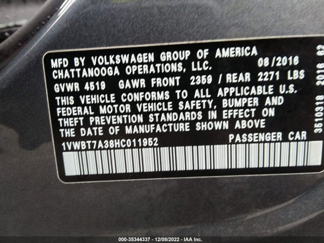 2017 VOLKSWAGEN PASSAT 1.8T SE VIN: 1VWBT7A38HC011952