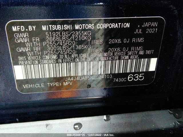 2022 Mitsubishi Outlander, VIN: JA4J4UA85NZ024103