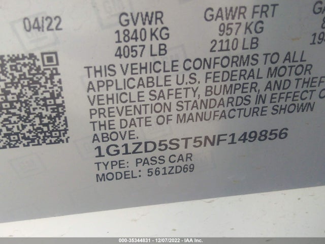 2022 Chevrolet Malibu, VIN: 1G1ZD5ST5NF149856