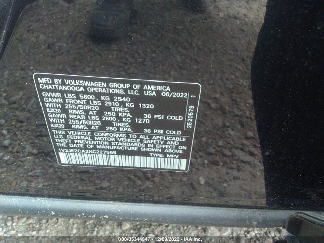 2022 Volkswagen Atlas, VIN: 1V2JE2CA2NC227555