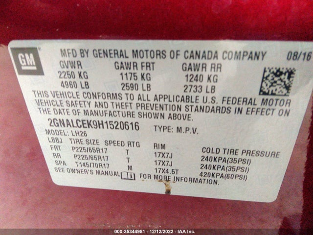 Chevrolet EQUINOX LT 2017 2GNALCEK9H1520616 Image 9