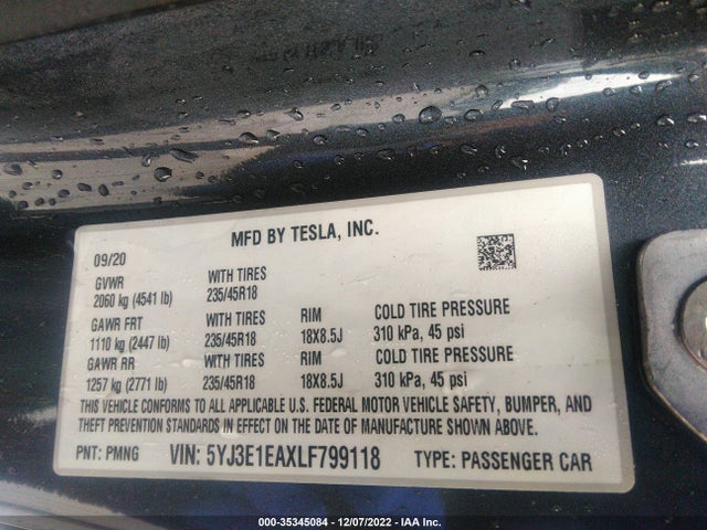 Tesla MODEL 3 2020 5YJ3E1EAXLF799118 Image 10
