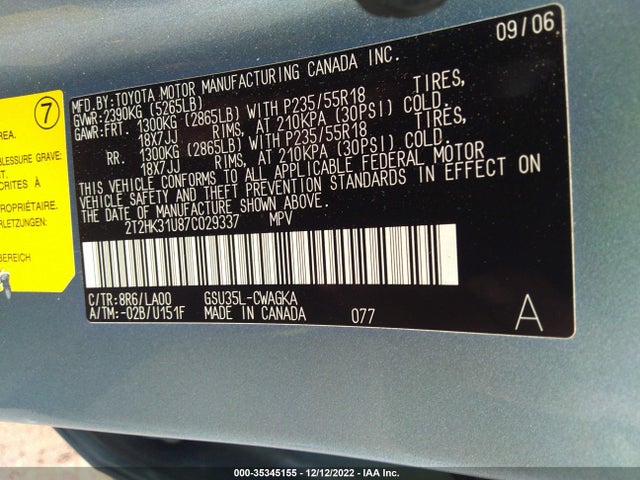 Lexus RX 350 2007 2T2HK31U87C029337 Image 10
