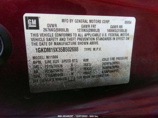 2005 GMC SAFARI PASSENGER VIN: 1GKDM19X35B502688