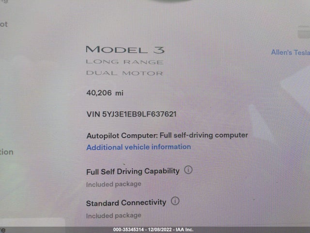 2020 TESLA MODEL 3 LONG RANGE VIN: 5YJ3E1EB9LF637621