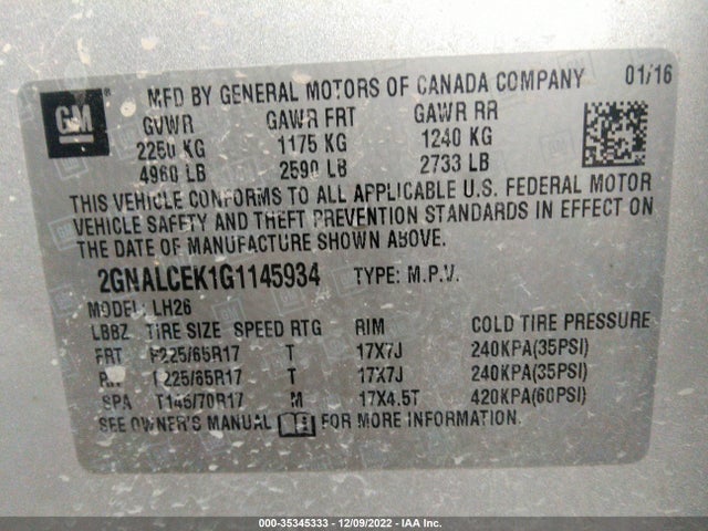 Chevrolet EQUINOX LT 2016 2GNALCEK1G1145934 Image 11