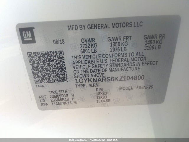 1GYKNARS6KZ104800 Cadillac Xt5 Fwd
