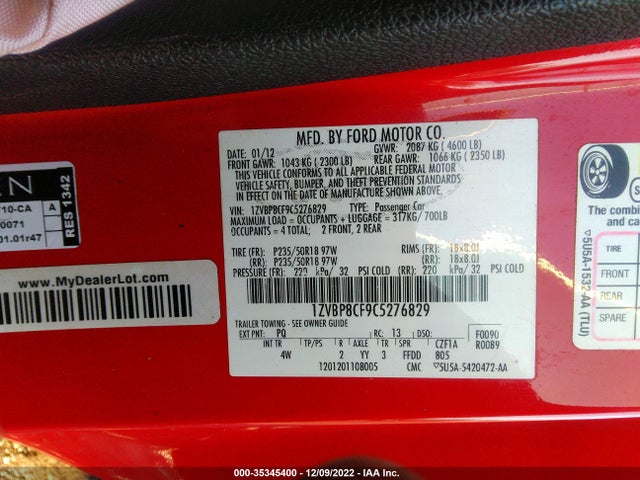 2012 FORD MUSTANG GT VIN: 1ZVBP8CF9C5276829