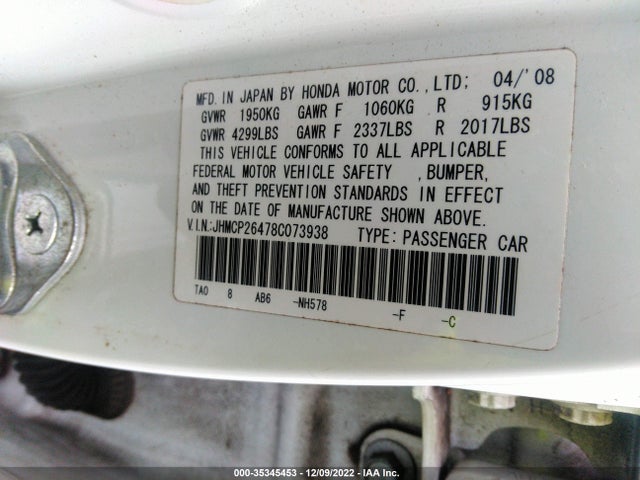 2008 HONDA ACCORD SDN LX-P VIN: JHMCP26478C073938