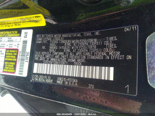 2011 TOYOTA TUNDRA 2WD TRUCK VIN: 5TFEY5F12BX112871