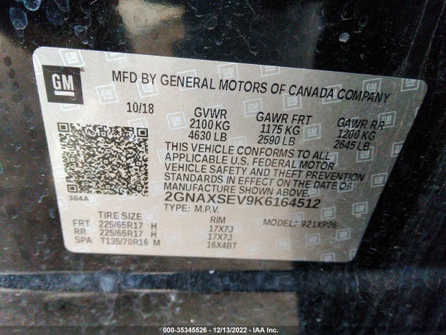 Auction sale of the 2019 Chevrolet Equinox Ls, vin: 2GNAXSEV9K6164512, lot number: 35345526