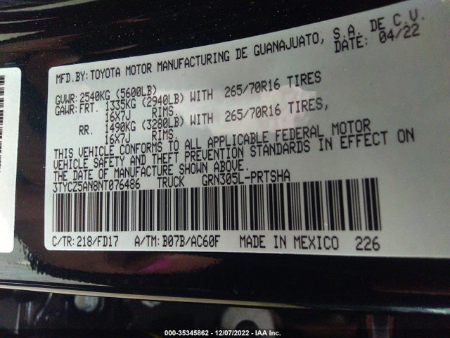 2022 Toyota Tacoma, VIN: 3TYCZ5AN8NT076486