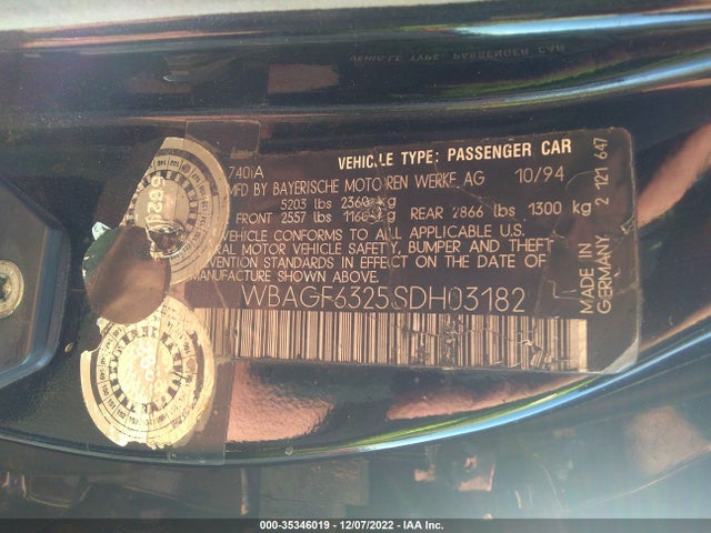 1995 BMW 740 I AUTOMATIC VIN: WBAGF6325SDH03182