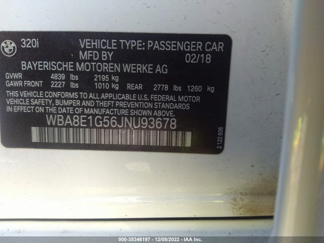 2018 BMW 3 SERIES 320I VIN: WBA8E1G56JNU93678